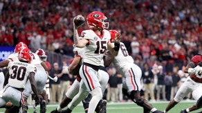 Georgia Bulldogs QB Carson Beck drops back to pass vs. the Alabama Crimson Tide in the 2023 SEC title game at Mercedes-Benz Stadium in Atlanta. (Jordan Godfree-USA TODAY Sports)