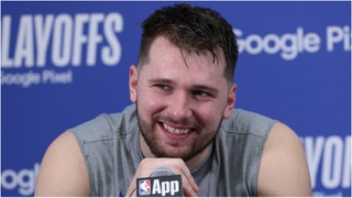 Porn appeared to play during Luka Doncic's press conference after the Mavericks beat the Oklahoma City Thunder. Watch the awkward video. (Credit: Getty Images)
