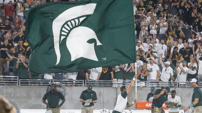 TEMPE, AZ - SEPTEMBER 08: The Michigan State Spartans logo on a flag during the college football game between the Michigan State Spartans and the Arizona State Sun Devils on Sep 8, 2018 at Sun Devil Stadium in Tempe, Arizona. (Photo by Kevin Abele/Icon Sportswire via Getty Images)