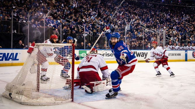 New York Rangers forward Mika Zibanejad celebrates after scoring during the first period vs. the Carolina Hurricanes in Game 1 of the Second Round in the 2024 Stanley Cup Playoffs at Madison Square Garden. (Josh Lavallee/NHLI via Getty Images)