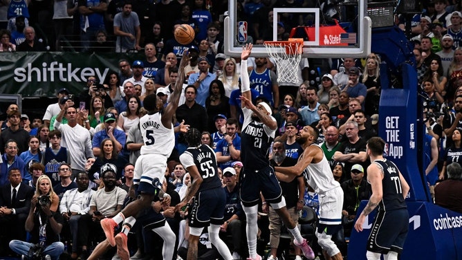 Minnesota Timberwolves All-Star Anthony Edwards shoots a floater over the Dallas Mavericks in Game 4 of the Western Conference Finals in the 2024 NBA Playoffs. at American Airlines Center. (David Dow /NBAE via Getty Images)