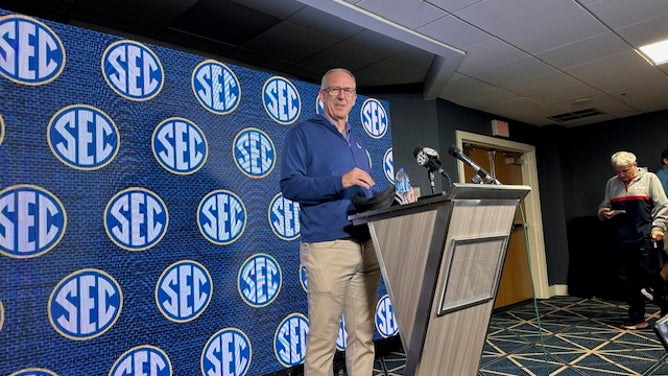 SEC Commissioner Greg Sankey speaks before the kickoff of spring meetings