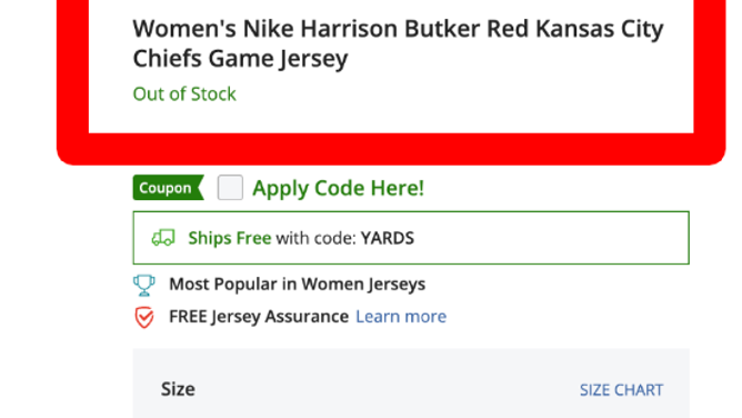 Harrison Butker women's jerseys sell out. (Credit: https://shop.chiefs.com/womens-nike-harrison-butker-red-kansas-city-chiefs-game-jersey/p-15886850734743+z-9414-2905387058)