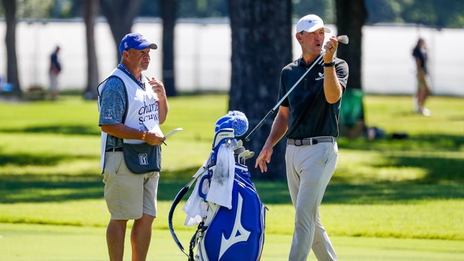 Lucas Glover prepares for a shot on the sixth fairway in the 2020 Charles Schwab Challenge at Colonial Country Club. (Raymond Carlin III-USA TODAY Sports)