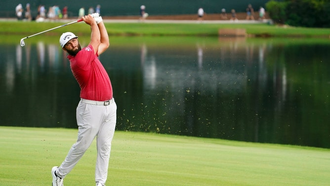 Jon Rahm plays his fairway shot on the eighth hole during the 2024 TOUR Championship at East Lake Golf Club in Atlanta. (John David Mercer-USA TODAY Sports)