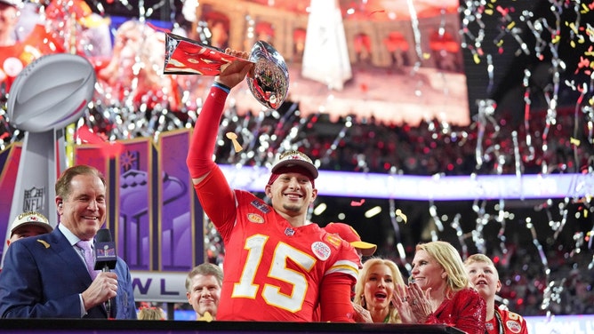 Kansas City Chiefs QB Patrick Mahomes (15) holds the the Vince Lombardi Trophy after winning Super Bowl LVIII vs. the San Francisco 49ers at Allegiant Stadium in Las Vegas. (Kirby Lee-USA TODAY Sports)