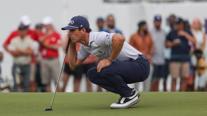 Billy Horschel lines up his putt on the 18th green during the final round of the 2024 Texas Children's Houston Open at Memorial Park Golf Course. (Thomas Shea-USA TODAY Sports)