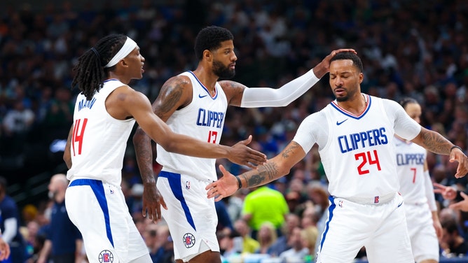 Los Angeles Clippers SG Terance Mann, SF Paul George and SG Norman Powell celebrate a bucket vs. the Dallas Mavericks during the 2024 NBA playoffs at American Airlines Center in Texas. (Kevin Jairaj-USA TODAY Sports)