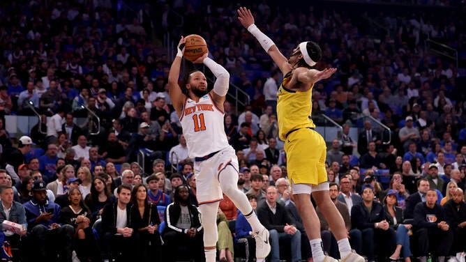 New York Knicks PG Jalen Brunson shoots a fadeaway over Indiana Pacers SG Andrew Nembhard in Game 1 of the second round in the 2024 NBA Playoffs at Madison Square Garden. (Brad Penner-USA TODAY Sports)