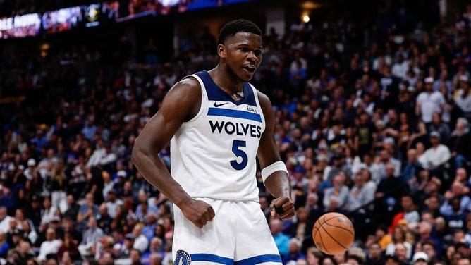 Minnesota Timberwolves SG Anthony Edwards talks trash after a breakaway dunk vs. the Denver Nuggets during Game 2 of the 2024 NBA Western Conference Semifinals at Ball Arena in Denver. (Isaiah J. Downing-USA TODAY Sports)