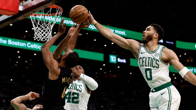 Celtics SF Jayson Tatum blocks Cleveland Cavaliers PF Evan Mobley's shot by in Game 1 in the second round of the 2024 NBA playoffs at TD Garden in Boston. (Winslow Townson-USA TODAY Sports)