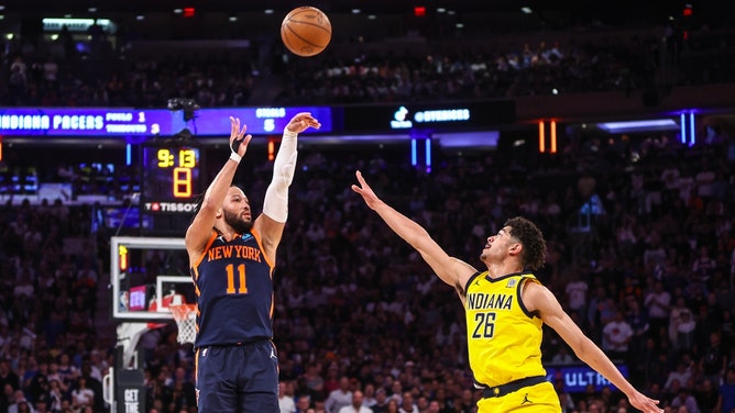 New York Knicks PG Jalen Brunson shoots over Indiana Pacers SG Ben Sheppard in the second round for the 2024 NBA Playoffs. (Wendell Cruz-USA TODAY Sports)