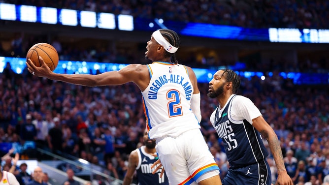 Oklahoma City Thunder PG Shai Gilgeous-Alexander takes a layup on the Mavericks during Game 3 of the 2024 NBA Western Conference Semifinals at American Airlines Center in Dallas. (Kevin Jairaj-USA TODAY Sports)