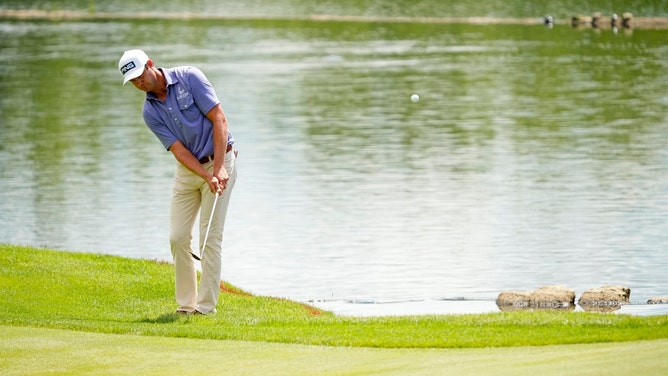 Harris English chips on the seventh hole during Round 3 of the 2024 PGA Championship at Valhalla Golf Club in Louisville, Kentucky. (Adam Cairns-USA TODAY Sports)