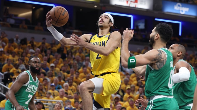 Pacers SG Andrew Nembhard gets a layup on the Boston Celtics during Game 3 of the Eastern Conference Finals in the 2024 NBA Playoffs at Gainbridge Fieldhouse in Indiana. (Trevor Ruszkowski-USA TODAY Sports)