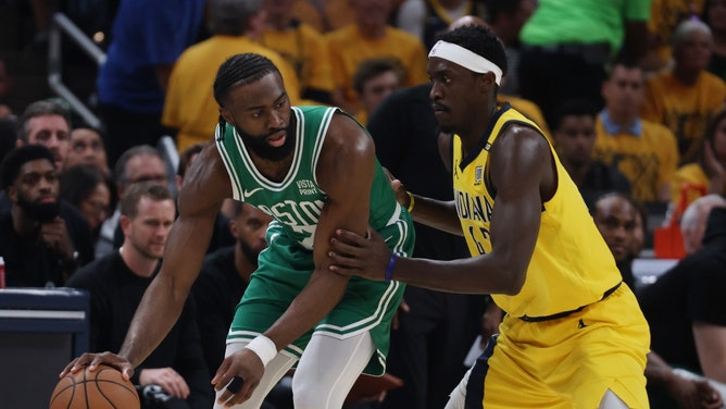 Boston Celtics SF Jaylen Brown posts up Indiana Pacers PF Pascal Siakam in Game 3 of the Eastern Conference Finals in the 2024 NBA Playoffs at Gainbridge Fieldhouse. (Trevor Ruszkowski-USA TODAY Sports)