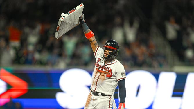 Atlanta right fielder Ronald Acuna Jr. (13) reacts after stealing his 70th base of the season during the MLB game between the Chicago Cubs and the Atlanta Braves on September 27th, 2023 at Truist Park in Atlanta, GA. (Photo by Rich von Biberstein/Icon Sportswire via Getty Images)