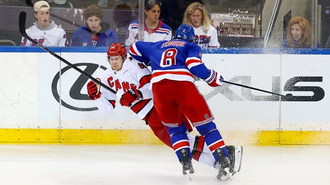 New York Rangers defenseman Jacob Trouba took a run at a Carolina Hurricanes player in the Stanley Cup playoffs during NHL action Tuesday night.