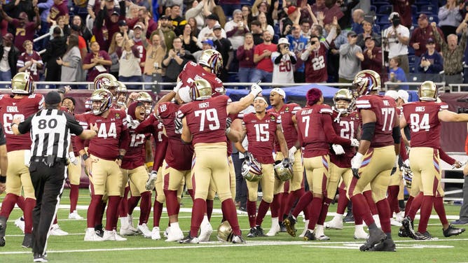 Michigan Panthers kicker Jake Bates (38) celebrates with teammates after kicking the game winning field goal with three seconds on the clock against the St. Louis Battlehawks during the second half at Ford Field.