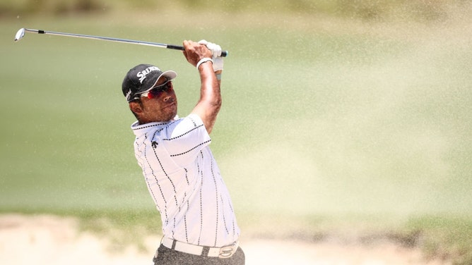 Hideki Matsuyama plays a shot from a bunker in a practice round prior to the 2024 U.S. Open at Pinehurst Resort in North Carolina. (Jared C. Tilton/Getty Images)
