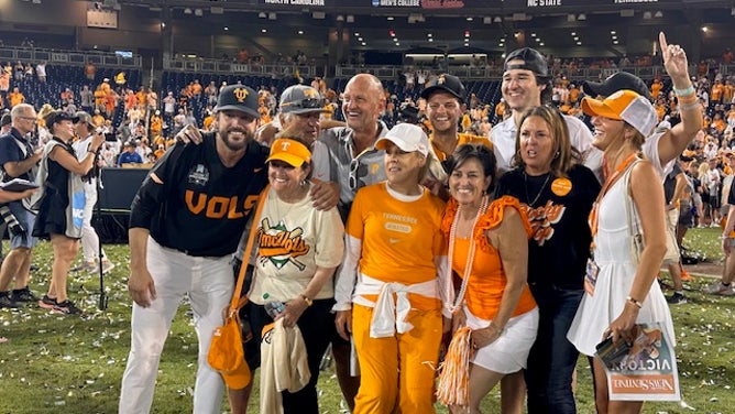 Tony Vitello celebrates with his family after Tennessee won the College World Series national championship. Via: Trey Wallace