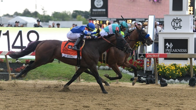 National Treasure defeats Blazing Sevens to win the 2023 Preakness Stakes at Pimlico Race Course in Baltimore, Maryland. (Tommy Gilligan-USA TODAY Sports)