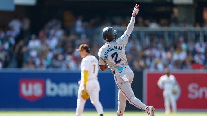 Miami Marlins CF Jazz Chisholm Jr. celebrates as he rounds the bases after hitting a home run vs. the San Diego Padres at Petco Park. (David Frerker-USA TODAY Sports)