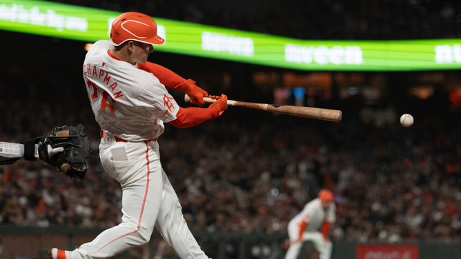 Giants 3B Matt Chapman hits a single vs. the Philadelphia Phillies at Oracle Park in San Francisco. (Stan Szeto-USA TODAY Sports)