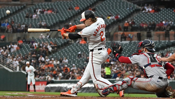 Baltimore Orioles SS Gunnar Henderson hits a grand slam off Boston Red Sox starter Kutter Crawford at Oriole Park at Camden Yards. (Tommy Gilligan-USA TODAY Sports)