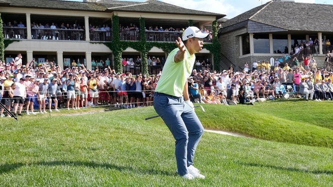 Collin Morikawa after nearly hitting a birdie chip on the 18th green during the Round 4 the 2024 Memorial Tournament at Muirfield Village Golf Club in Ohio. (Kyle Robertson-USA TODAY Sports)