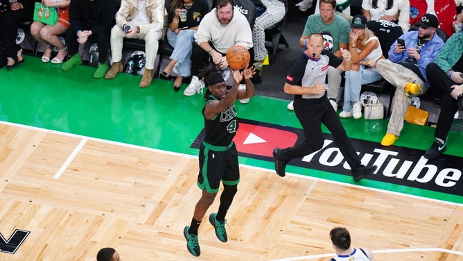 Celtics PG Jrue Holiday shoots a three vs. the Dallas Mavericks in Game 2 of the 2024 NBA Finals at TD Garden in Boston. (David Butler II-USA TODAY Sports)