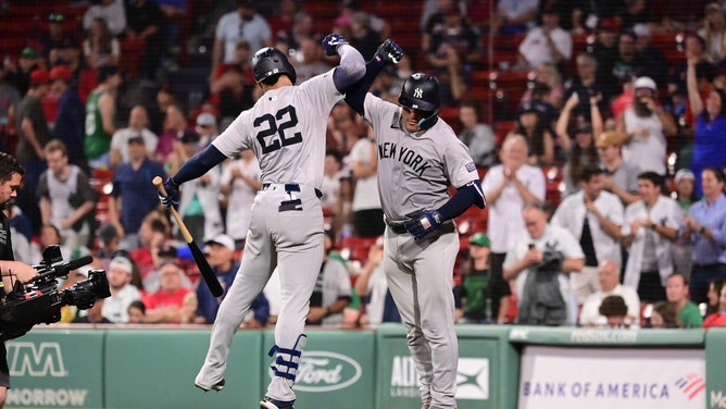 New York Yankees C Jose Trevino celebrates a home run vs. the Boston Red Sox with slugger Juan Soto at Fenway Park. (Eric Canha-USA TODAY Sports)