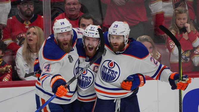 Edmonton Oilers All-Star Connor McDavid celebrates an empty net goal with Mattias Ekholm and Adam Henrique vs. the Panthers in Game 5 of the 2024 Stanley Cup Final at Amerant Bank Arena in Florida. Jim Rassol-USA TODAY Sports 