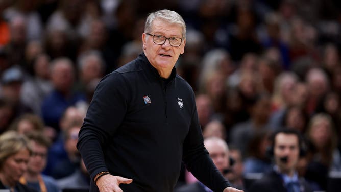 Head coach Geno Auriemma of the UConn Huskies reacts in the second half during the NCAA Women's Basketball Tournament Final Four semifinal game against the Iowa Hawkeyes at Rocket Mortgage Fieldhouse on April 05, 2024 in Cleveland, Ohio. (Photo by Gregory Shamus/Getty Images)