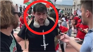 Protester flips out after being asked if he has a job. (Credit: TikTok video screenshot/https://www.tiktok.com/@jaywalkjournalism/video/7395295796234669354/ with permission)