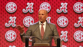 Alabama head coach Kalen DeBoer knocked his first appearance at SEC Media Days out of the park, with Nick Saban looking on