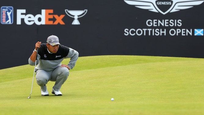 Hideki Matsuyama lines up a putt during the 2022 Genesis Scottish Open at The Renaissance Club. (Kevin C. Cox/Getty Images)
