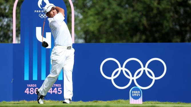 Hideki Matsuyama tees off on the fourth hole during a practice round for the Paris Summer Olympics at Le Golf National in France. (Andrew Redington/Getty Images)