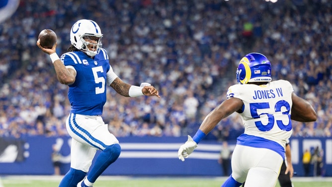 Colts QB Anthony Richardson passes the ball against the Los Angeles Rams at Lucas Oil Stadium in Indianapolis. (Trevor Ruszkowski-USA TODAY Sports)