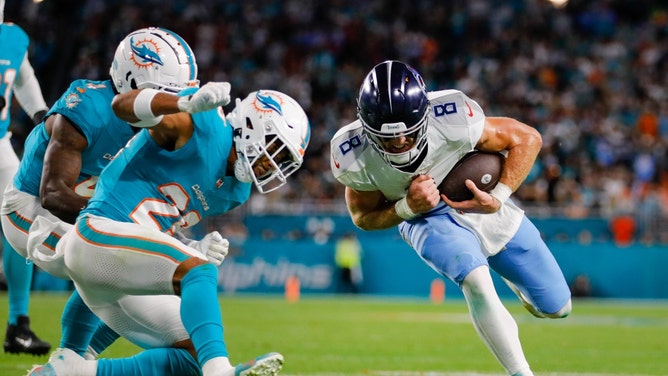 Tennessee Titans QB Will Levis dives toward the goal-line against the Miami Dolphins at Hard Rock Stadium in Florida. (Sam Navarro-USA TODAY Sports)