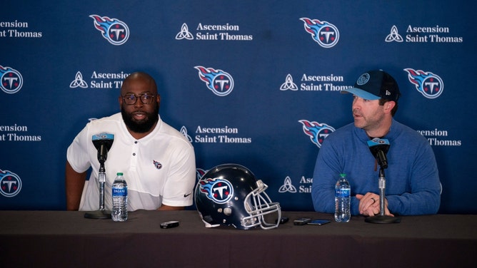 Tennessee Titans general manager Ran Carthon and head coach Brian Callahan introduce first-round draft pick LT J.C. Latham at the Ascension Saint Thomas Sports Park in Nashville. (Denny Simmons/The Tennessean/USA TODAY NETWORK)