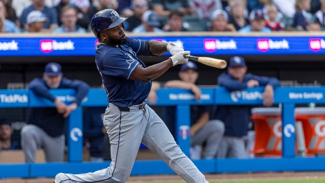 Tampa Bay Rays LF Randy Arozarena hits a double vs. the Minnesota Twins at Target Field. (Jesse Johnson-USA TODAY Sports)