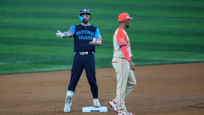 Philadelphia Phillies 1B Bryce Harper after hitting a double in the 2024 MLB All-Star game at Globe Life Field in Texas. (Tim Heitman-USA TODAY Sports)