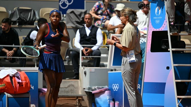 United States tennis star Coco Gauff gets into it with officials during a ladies' singles match against Donna Vekic during the Paris 2024 Olympic Games.