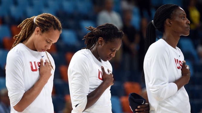 Brittney Griner and her teammates stand for the United States National Anthem during the 2016 Summer Olympics in Rio.