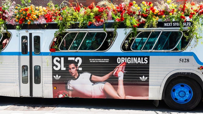 An image of an Adidas ad for the SL 72 sneaker that features model Bella Hadid, whose father is Palestinian.