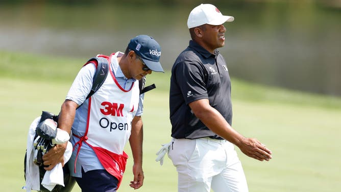 Jhonattan Vegas hit a wayward tee shot during the final round of the 3M Open and it somehow landed, literally, on the arm of a police officer.