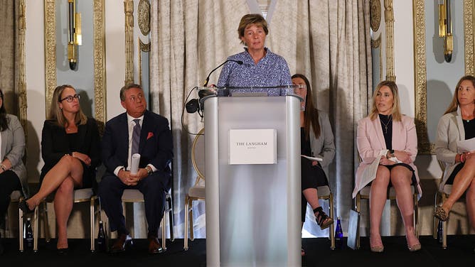 Former Harvard women’s ice hockey coach Katey Stone spoke at a press conference, along with several of her former players. 