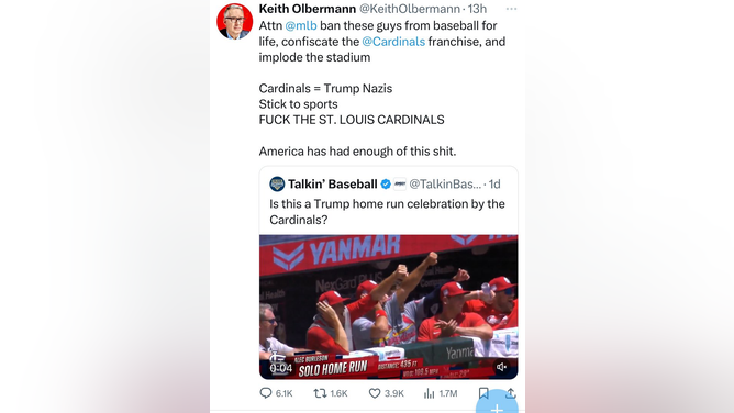 Keith Olbermann deletes tweet accusing the Cardinals of being Nazis. (Credit: X/Keith Olbermann)