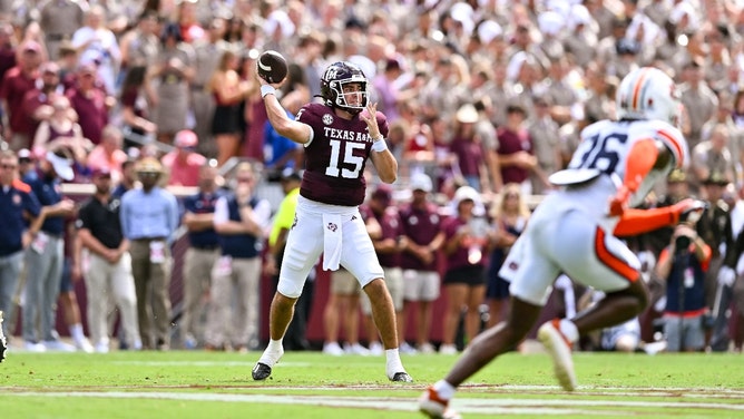 Texas A&M Aggies QB Conner Weigman drops back to pass vs. the Auburn Tigers at Kyle Field in College Station. (Maria Lysaker-USA TODAY Sports)